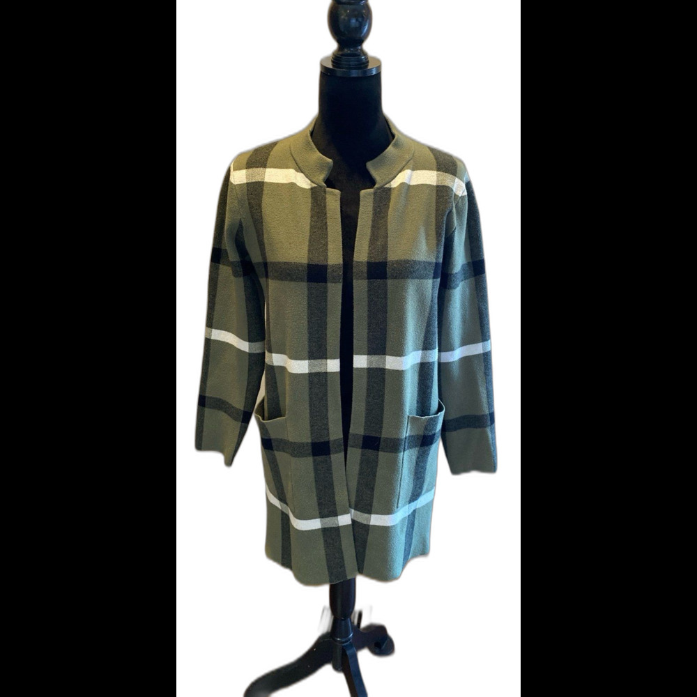 Tahari Windowpane Plaid Cardigan Sweater Long Pockets Size ?‎ Medium to Large